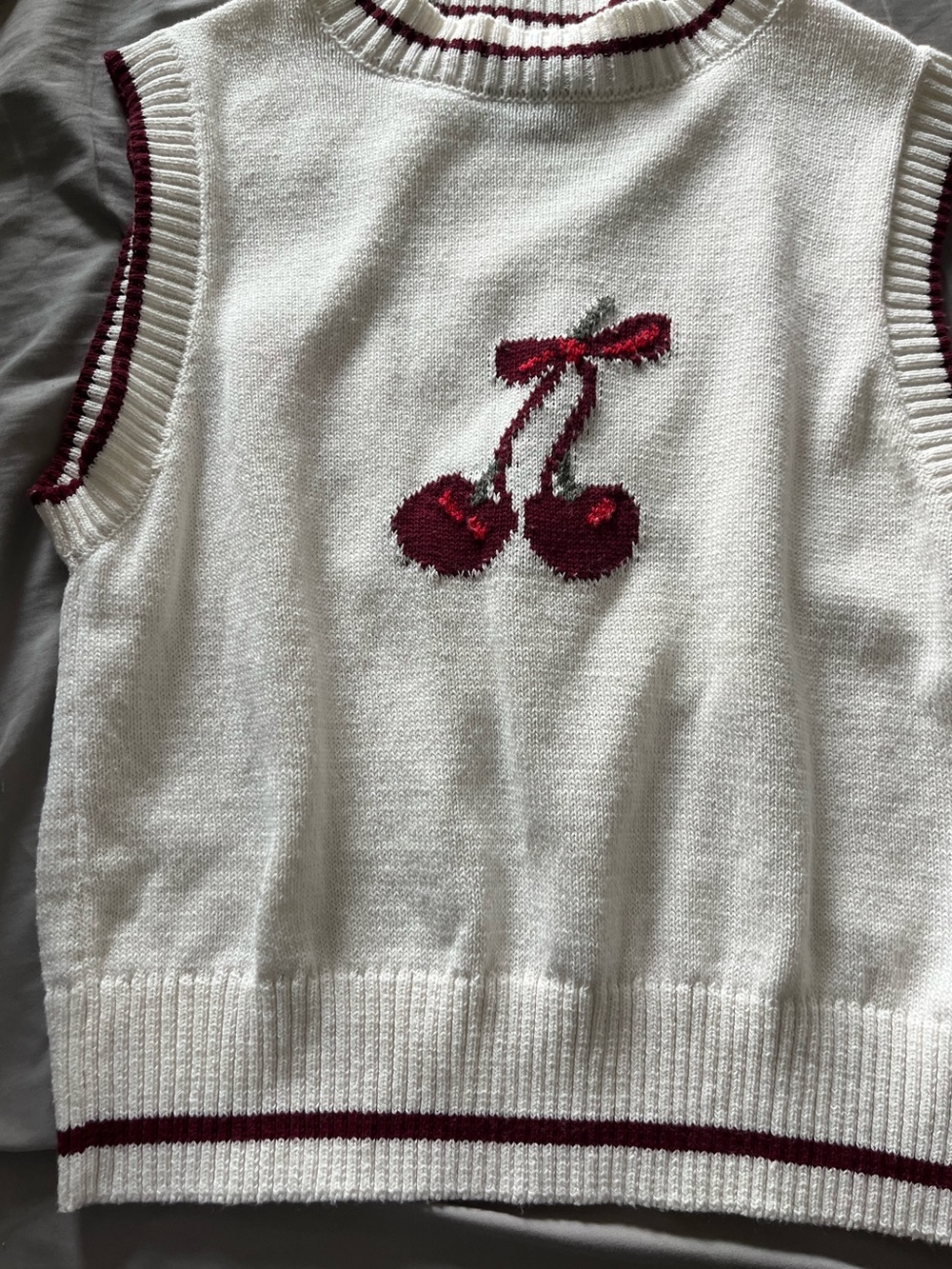 ASOS White Knit Cherry Sweater Vest with Red Trim